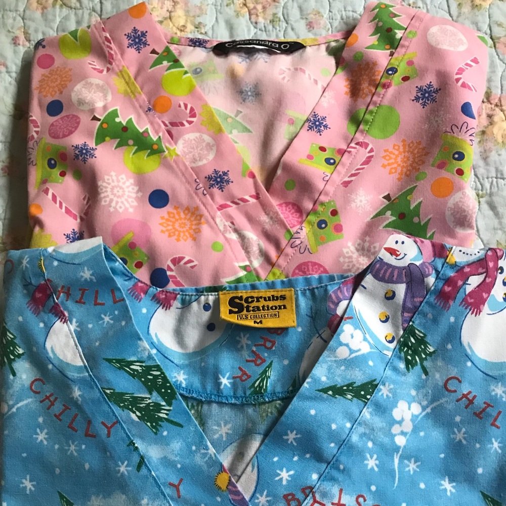 Lot of 2 Christmas motif scrub tops.